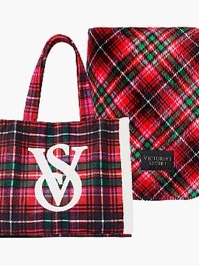 Victoria's Secret Red Plaid Tote and Blanket Set
